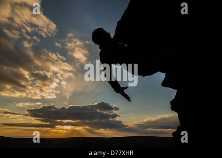 Rock Climber at Windgather Rocks in the Peak District Stock Photo