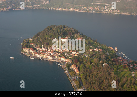 AERIAL VIEW. City of Bellagio on the lakeshore of Lake Como. Province of Como, Lombardy, Italy. Stock Photo