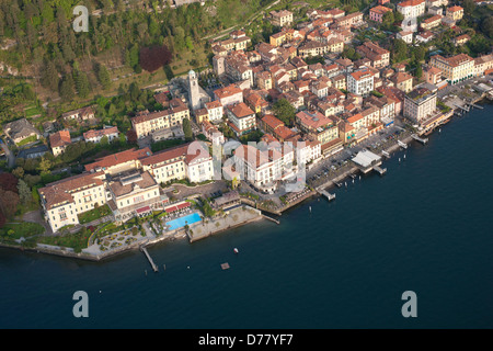 AERIAL VIEW. City of Bellagio on the lakeshore of Lake Como. Province of Como, Lombardy, Italy. Stock Photo