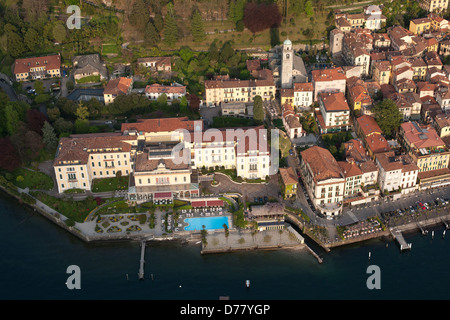AERIAL VIEW. Grand Hotel Villa Serbelloni on the lakeshore of Lake Como. Bellagio, Province of Como, Lombardy, Italy. Stock Photo