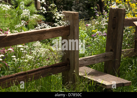 Wooden stile set into fence leading to area of soft, informal planting including cow parsley, fennel and wild grasses. Stock Photo