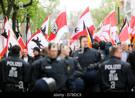 Berlin, Germany. 1st May 2013. Several hundred followers of the extreme right-wing NPD demonstrate in the quarter Schöneweide in Berlin, Germany, 01 May 2013. Photo: KAY NIETFELD/dpa/Alamy Live News Stock Photo