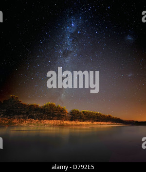 Milky Way arise on the river at New Zealand during one clear and cold night Stock Photo
