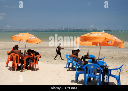 Beachside Cafe on Ilha de Itaparica with Salvador in Background Stock Photo