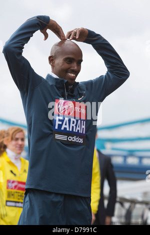 Double Olympic Gold Medal Winner Mo Farah attends a photocall before the Virgin London Marathon 2013 Stock Photo