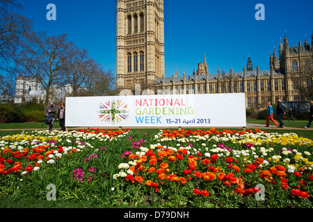 National Gardening Week banner in Victoria Tower Gardens outside the Houses of Parliament Westminster London UK Stock Photo