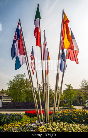 Flags of European countries on flagpoles against the blue sky Stock ...