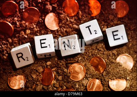 Pension stroke from cubes and cent coins, low pensions , Rente-Schriftzug aus Würfeln und Centmünzen, niedrige Renten