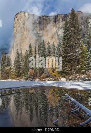 Yosemite National Park, California El Capitan reflected in still pool with fresh snow at Cathedral Beach, Yosemite Valley Stock Photo