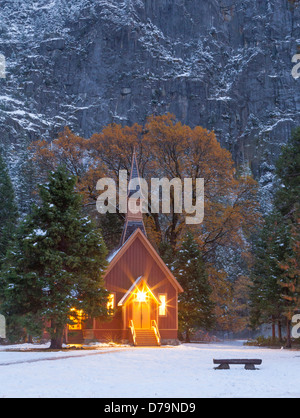 Yosemite National Park, California: Yosemite Valley Chapel (1879) at dusk. It is the oldest structure in Yosemite Valley. Stock Photo