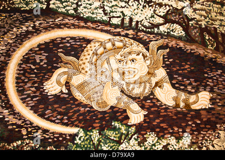 Hanuman painting on the wall. This is typical of Thai traditional art. And No any trademark or restrict matter in this photo. Stock Photo