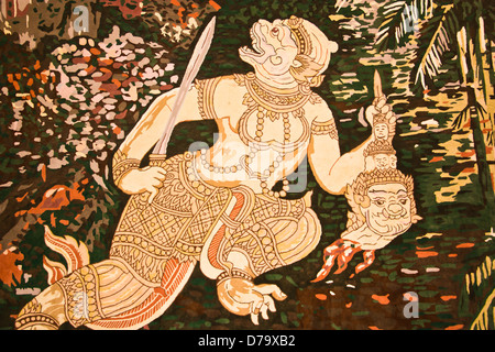 Hanuman painting on the wall. This is typical of Thai traditional art. And No any trademark or restrict matter in this photo. Stock Photo