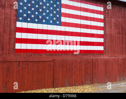 Chelan County, Washington: Historic red barn with an American flag painted on the side Stock Photo