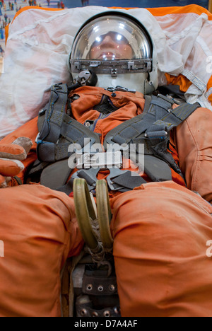 Vostok Space Suit type worn by Yuri Gagarin posed in ejection seat in museum Baikonur Space Museum Baikonur Cosmodrome Stock Photo