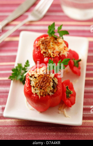 Stuffed peppers with rice and mushrooms. Recipe available. Stock Photo