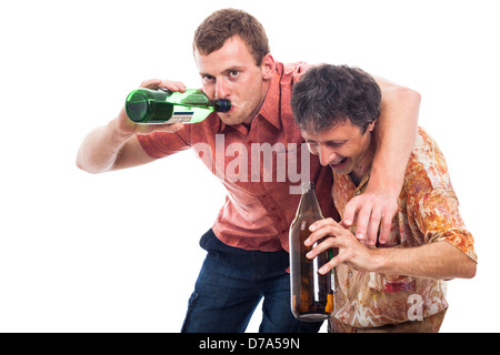 Two funny drunken men holding bottle and glass of alcohol, isolated on ...