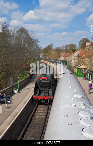 The Moorlander Steam Train engine locomotive at Pickering Railway Station in spring NYMR North Yorkshire England UK United Kingdom GB Great Britain Stock Photo