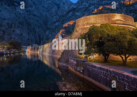 Kotor old City Wall Fortifications , UNESCO world heritage site. The ancient Venetian fortifications of Kotor Stock Photo