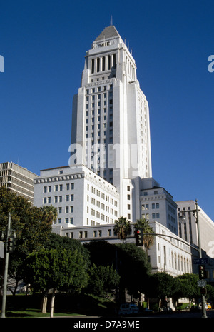 The iconic 1928 Los Angeles City Hall with its pyramid top rises in the Civic Center district of downtown Los Angeles in Southern California, USA. Stock Photo