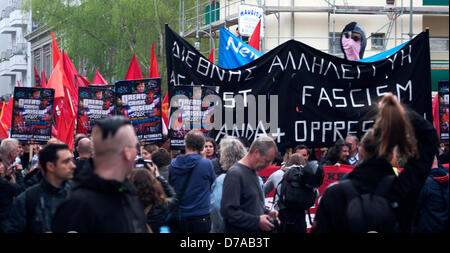 Thousands join protests against capitalism and fascism in Germany's capitol Berlin on May 1st in a march ending at Brandenburger Tor. Stock Photo