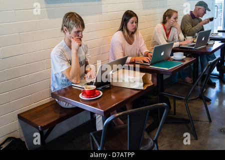 Young line up at a table using their Apple laptops in a local coffee shop. In the background an older adult drinks coffee. Stock Photo