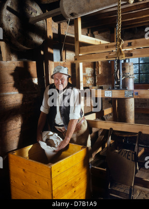 Miller amidst wooden mill machinery. Houghton Mill near Huntingdon. Cambridgeshire Stock Photo