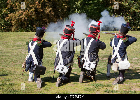 Soldiers shooting with muzzle-loading rifles during a live role-playing,  Musée d'Art Moderne Grand-Duc Jean, Luxembourg City, Stock Photo