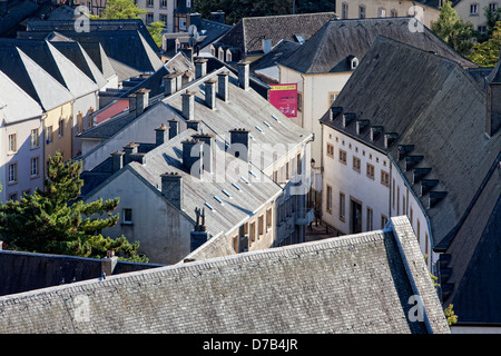 View of the houses and streets of the lower town, Grund, seen from the Corniche, Luxembourg Stock Photo