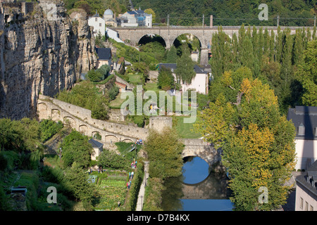 View of the Alzette with gardens, Grund, lower town, Luxembourg, Europe Stock Photo