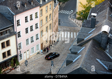 View of the houses and streets of the lower town, Grund, seen from the Corniche, Luxembourg, Europe Stock Photo