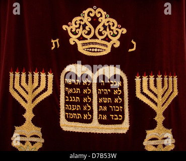 the curtain of the holy ark in a synagogue Stock Photo