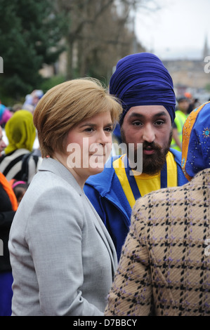 Nicola Sturgeon deputy first minister of Scotland joins Sikhs in celebration of their move to a new Gurdwara in Pollokshields, Glasgow, Scotland Stock Photo