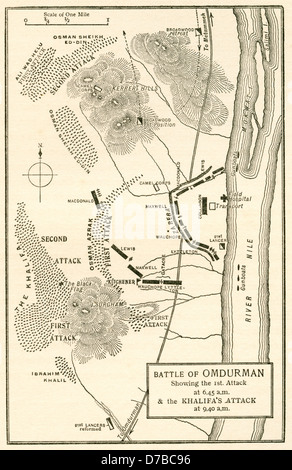 Map of the Battle of Omdurman, Khartoum, Sudan,1898, showing the 1st attack at 6.45 a.m. and the Khalifa's attack at 9.40 a.m. Stock Photo