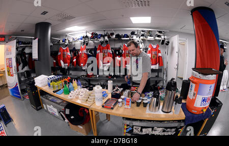 Dressing room of Czech ice hockey players at 2013 Ice Hockey World Championship in Globen hall in Stockholm, Sweden, May 3, 2013. Masseur of Czech team Petr Ondracek. (CTK Photo/Vit Simanek) Stock Photo