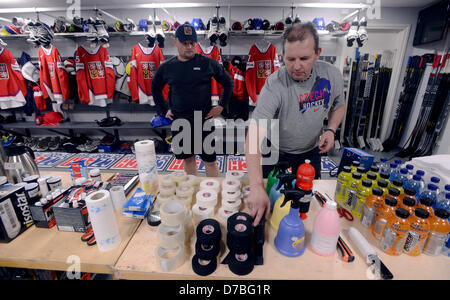 Dressing room of Czech ice hockey players at 2013 Ice Hockey World Championship in Globen hall in Stockholm, Sweden, May 3, 2013. Masseurs of Czech team Petr Ondracek (left) and Zdenek Smid. (CTK Photo/Vit Simanek) Stock Photo