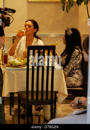 Jenni Farley aka JWow and Nicole Polizzi aka Snooki filming for MTV's 'Jersey Shore'. Jwow comforts Snooki who is upset with her boyfriend by going out to eat and drinking beers Florence, Italy - 03.06.11 Stock Photo