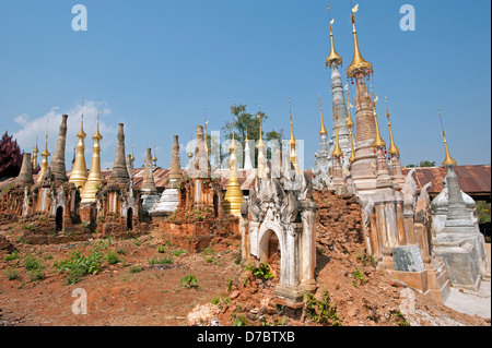 Gold & brick stupas of Shwe Inn Thein pagoda Inle lake Myanmar (Burma) Stock Photo