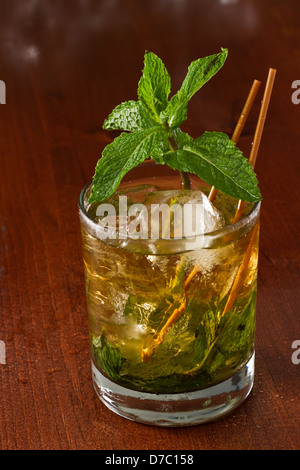 close up of a mint julep served on the rocks and garnished with fresh green mint on top, Kentucky derby drink Stock Photo