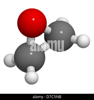 Ethylene oxide (oxirane), molecular model. Ethylene is the simplest epoxide and is used as a disinfectant and polymer precursor Stock Photo