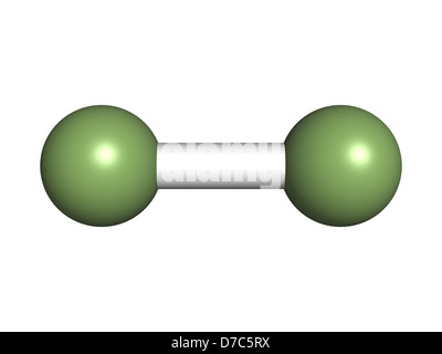 Elemental fluorine (F2), molecular model. Atoms are represented as spheres with custom color coding: fluorine (green) Stock Photo