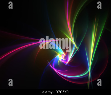 Creative swirls of glowing light illustration multicolored over a black background. Stock Photo