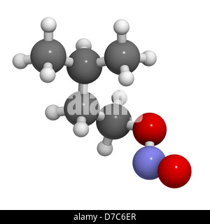 Isoamyl nitrite (alkyl nitrite, popper), molecular model. Atoms are represented as spheres. Stock Photo