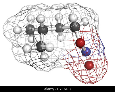 Isoamyl nitrite (alkyl nitrite, popper), molecular model. Atoms are represented as spheres. Stock Photo