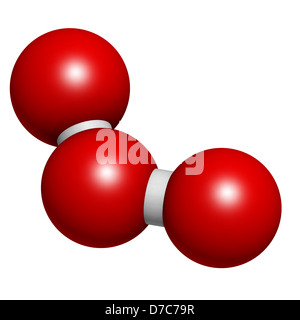 Ozone (trioxygen, O3) molecule, chemical structure. Atoms are represented as spheres with conventional color coding Stock Photo