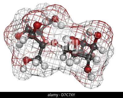 Sugar (sucrose, saccharose) molecule, chemical structure. Atoms are represented as spheres with conventional color coding Stock Photo