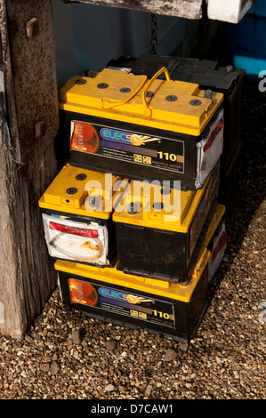 Used old car leisure batteries leaking acid lead Stock Photo