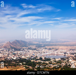 Holy city Pushkar aerial view from Savitri temple. Rajasthan, India Stock Photo