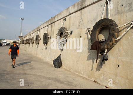 Wheels hanging on wall prepare for the water level in Sop Kok River raise . Chiang Saen Commercial Port in Chiang Rai Province Stock Photo
