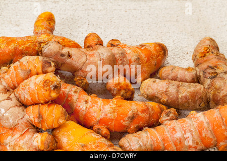 turmeric root on a rustic white painted rough barn wood surface Stock Photo