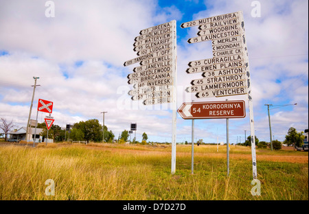 Two large direction signs or finger boards with manu names of outback towns, and a third one for Kooroorinya Reserve... Stock Photo